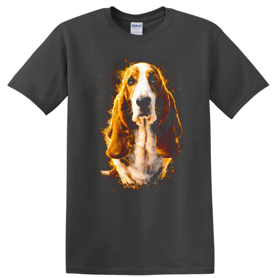 Basset Hound Dog Portrait Flame Art T Shirt for Dog Lovers on a Charcoal T Shirt