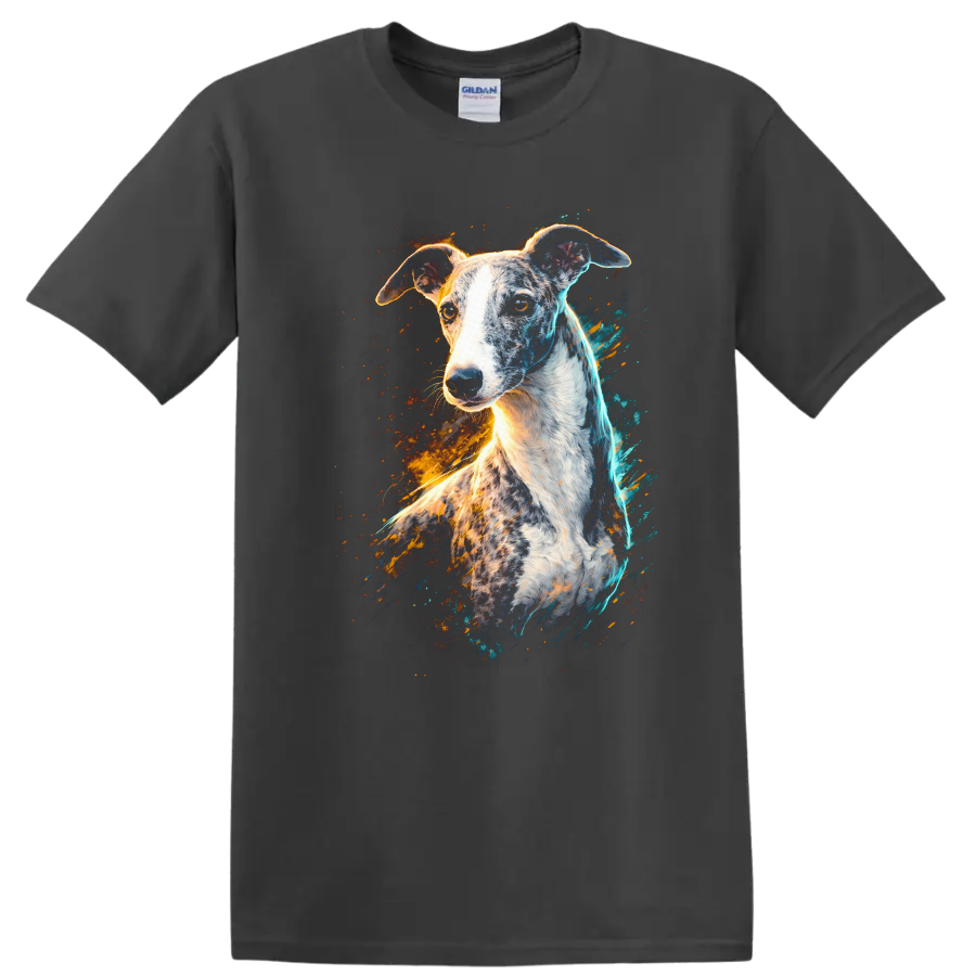 Greyhound Dog Splash Art T Shirt Colorful Neon Breed Portrait on a Charcoal T Shirt