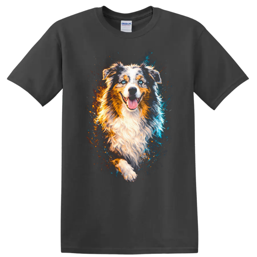 Australian Shepherd Dog Watercolor Portrait T Shirt for Dog Lovers on a Charcoal T Shirt