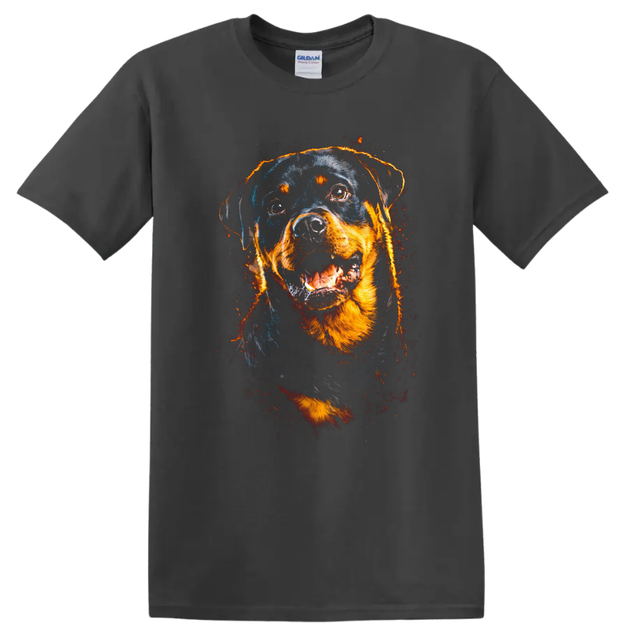 Rottweiler Dog Portrait T Shirt Fierce Fire Glow Pet Lover Graphic on a Charcoal T Shirt