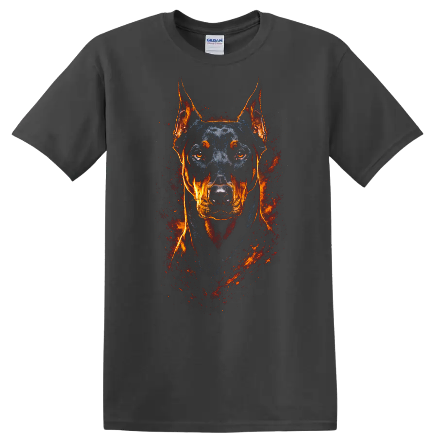 Doberman Pinscher Fire Portrait T Shirt Fierce Dog Lover Graphic on a Charcoal T Shirt