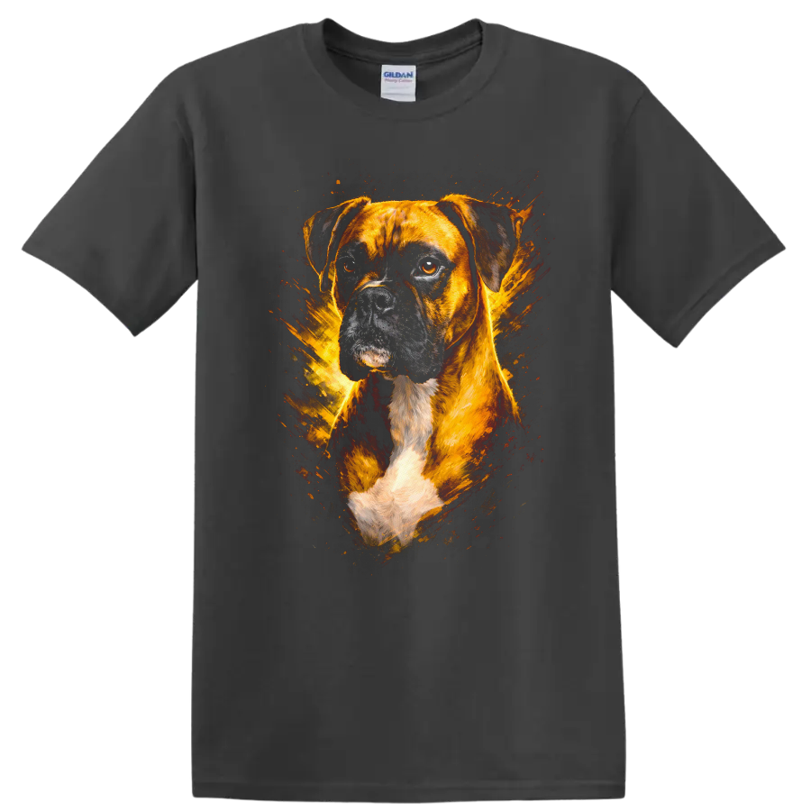 Boxer Dog Portrait Splash Art T Shirt for Dog Lovers on a Charcoal T Shirt