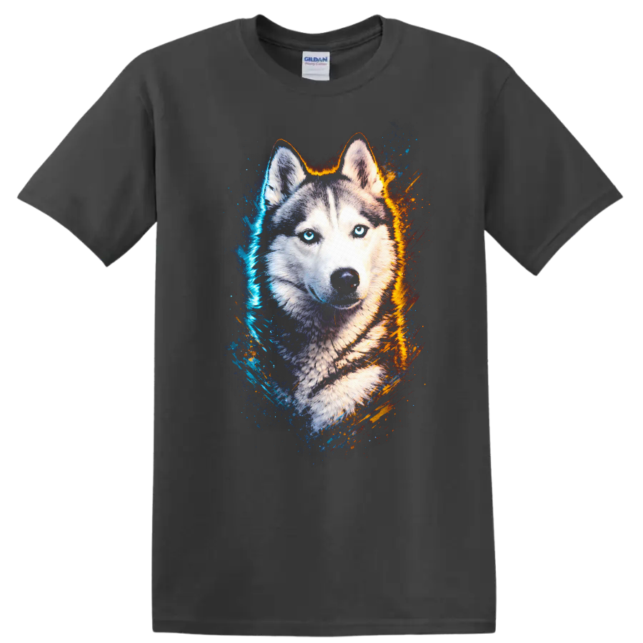 Blue Eyed Husky Portrait T Shirt Vibrant Splash Art Dog Lover Gift on a Charcoal T Shirt