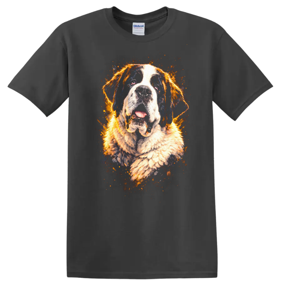 Saint Bernard Splash Art Dog Portrait T Shirt for Breed Lovers on a Charcoal T Shirt