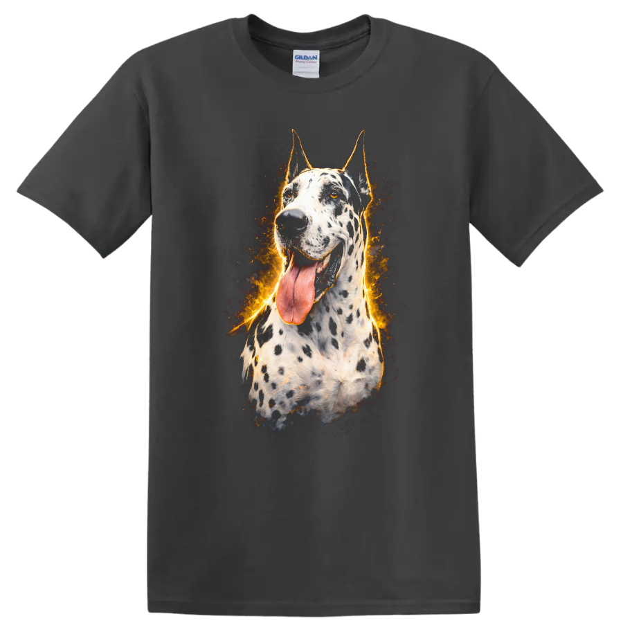 Flaming Dalmatian Dog Portrait Fire Burst T Shirt for Dog Lovers on a Charcoal T Shirt