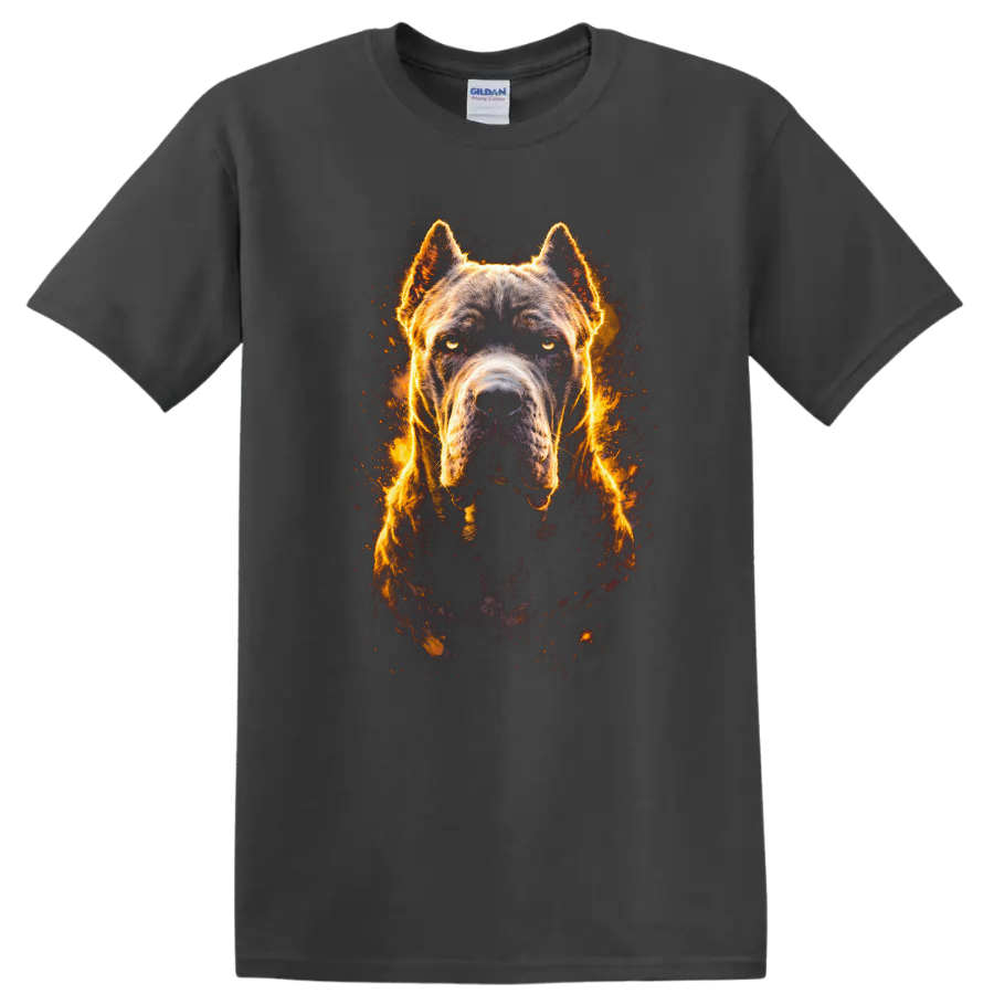 Aggressive Pitbull Dog Fire Glow Graphic T Shirt on a Charcoal T Shirt