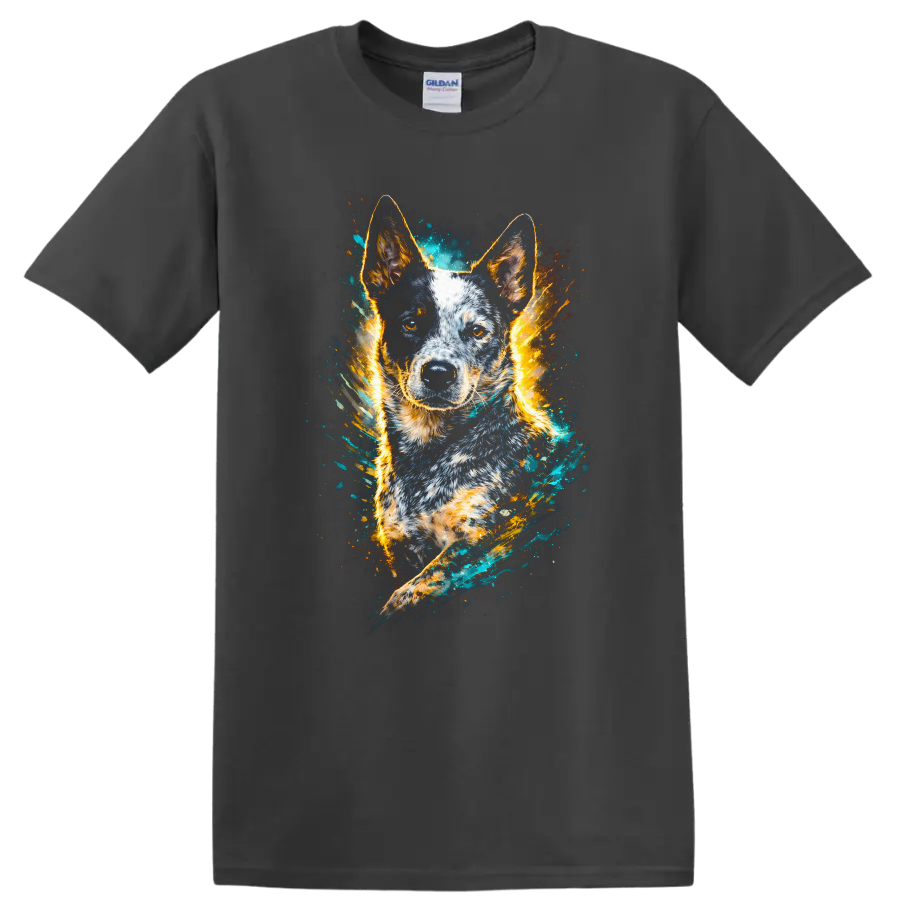 Blue Heeler Dog Portrait Watercolor Splash T Shirt for Dog Lovers on a Charcoal T Shirt