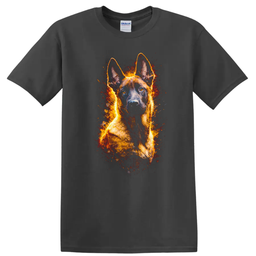 German Shepherd Fire Glow T Shirt for Dog Lovers and Owners on a Charcoal T Shirt