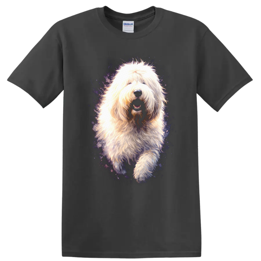 Fluffy Old English Sheepdog Dog Portrait T Shirt, Cosmic Neon Style on a Charcoal T Shirt