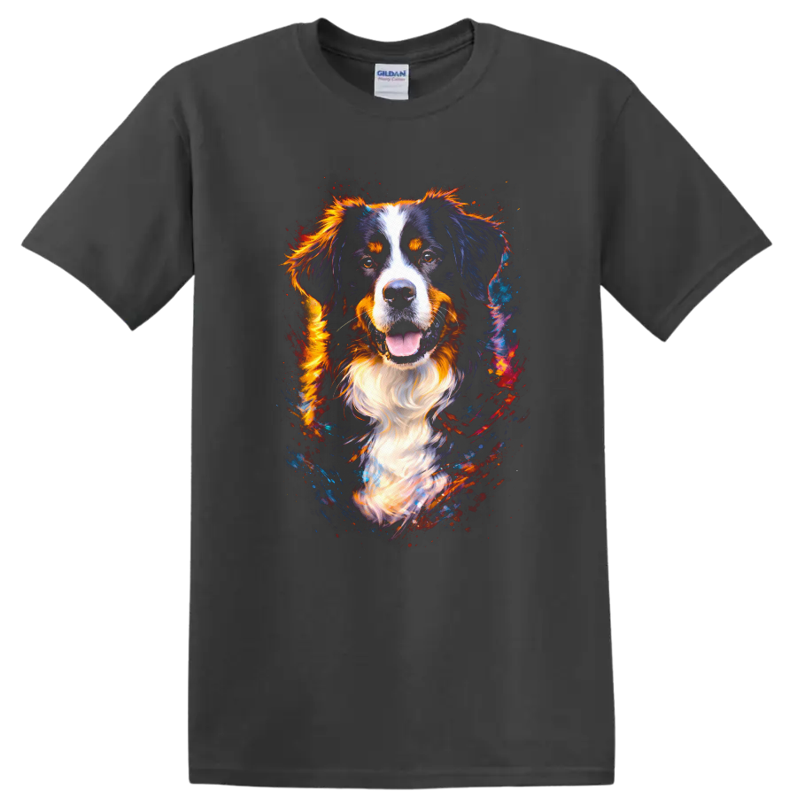 Colorful Bernese Mountain Dog Portrait T Shirt for Dog Lovers on a Charcoal T Shirt