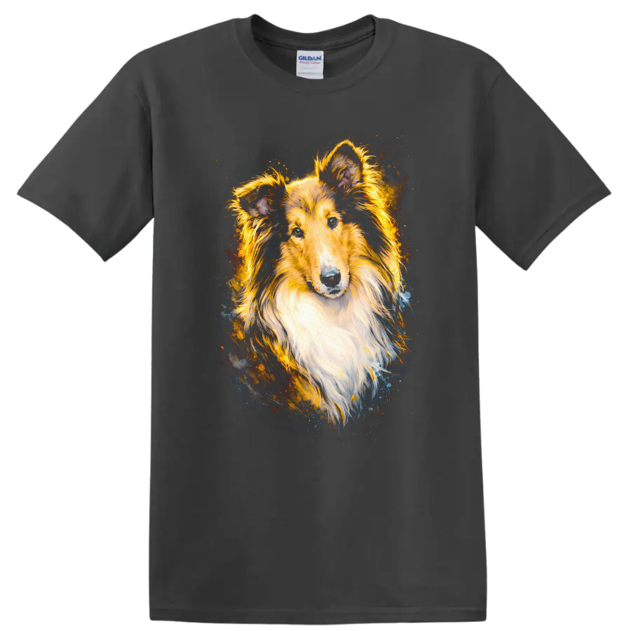 Shetland Sheepdog Color Splash Portrait T Shirt for Dog Lovers on a Charcoal T Shirt