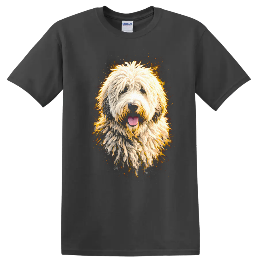 Colorful Shaggy Dog Portrait T Shirt for Dog Lovers and Pet Fans on a Charcoal T Shirt