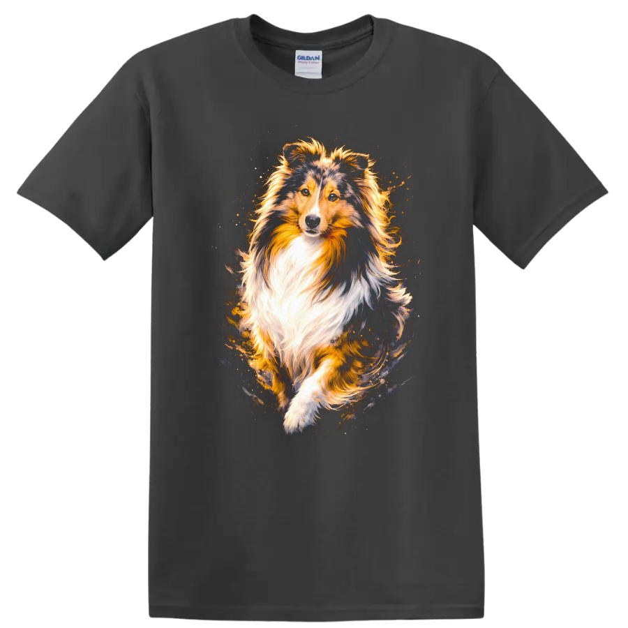 Shetland Sheepdog Dog Portrait T Shirt Colorful Pet Lover Gift on a Charcoal T Shirt