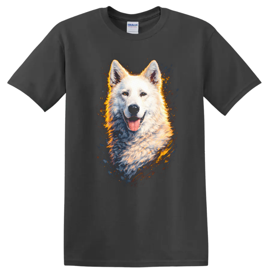 White Dog Portrait Splash Art T Shirt for Dog Lovers on a Charcoal T Shirt
