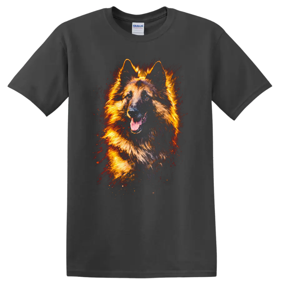 German Shepherd Dog Art T Shirt Fiery Color Splash Pet Lover Tee on a Charcoal T Shirt