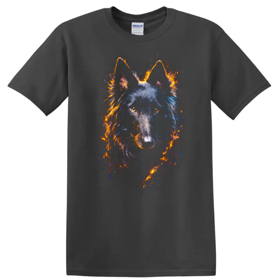 Fiery Wolf Portrait Neon Style Dog Lover T Shirt on a Charcoal T Shirt