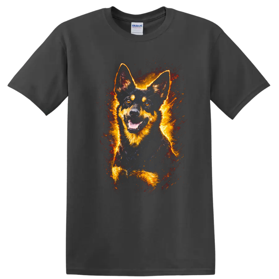 German Shepherd Fire Burst Portrait T Shirt for Dog Lovers on a Charcoal T Shirt