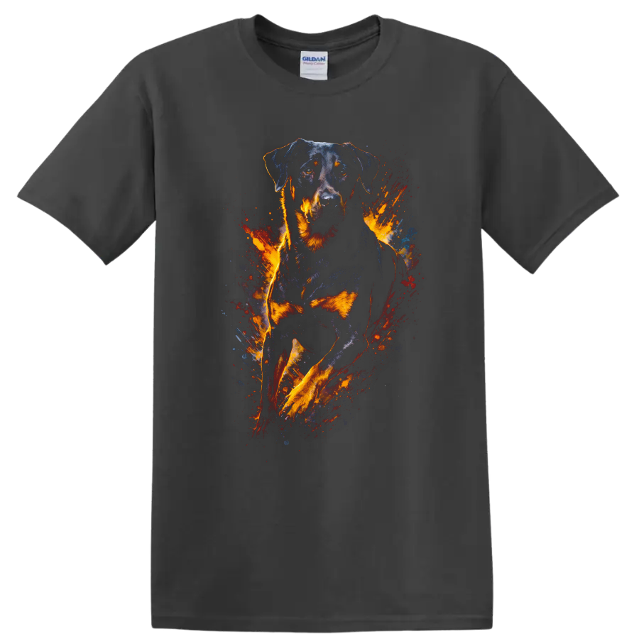 Rottweiler Fire Splash Art T Shirt Bold Dog Breed Graphic Tee on a Charcoal T Shirt