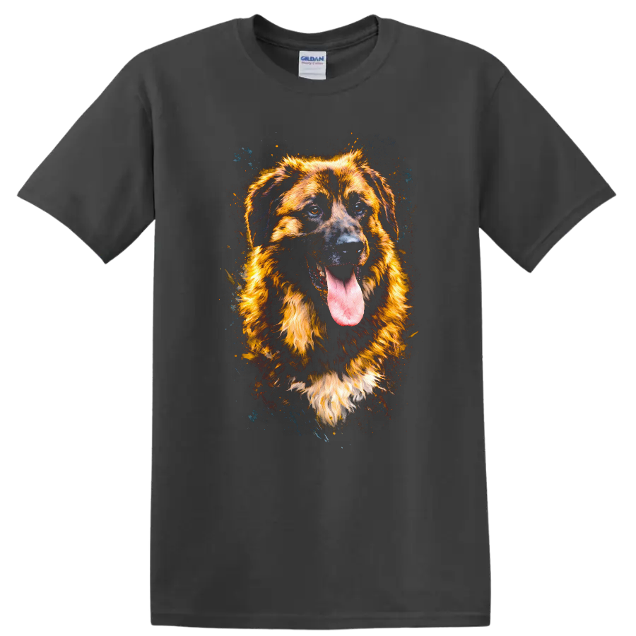 Golden Shepherd Dog Splash Art Portrait T-Shirt for Dog Lovers on a Charcoal T Shirt