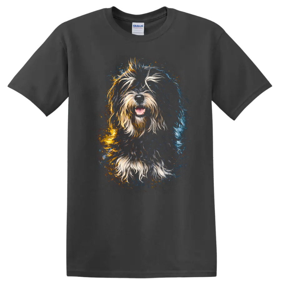 Colorful Shaggy Dog Portrait T Shirt Vibrant Splash Art for Dog Lovers on a Charcoal T Shirt