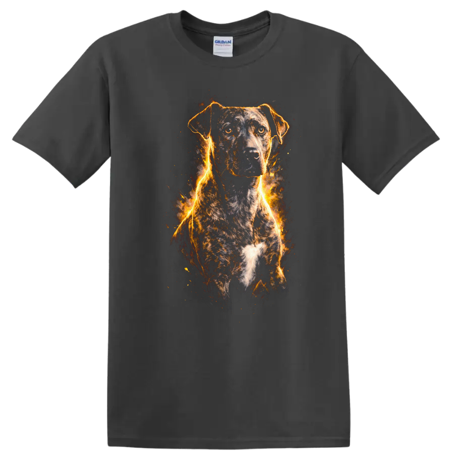 Fiery Dog Portrait T Shirt, Flame Outline Pet Lover Graphic Tee on a Charcoal T Shirt