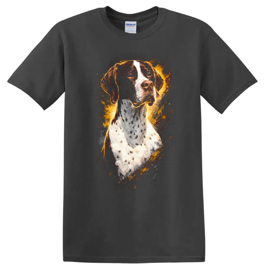 German Shorthaired Pointer Dog Portrait T Shirt Vintage Splash Art on a Charcoal T Shirt