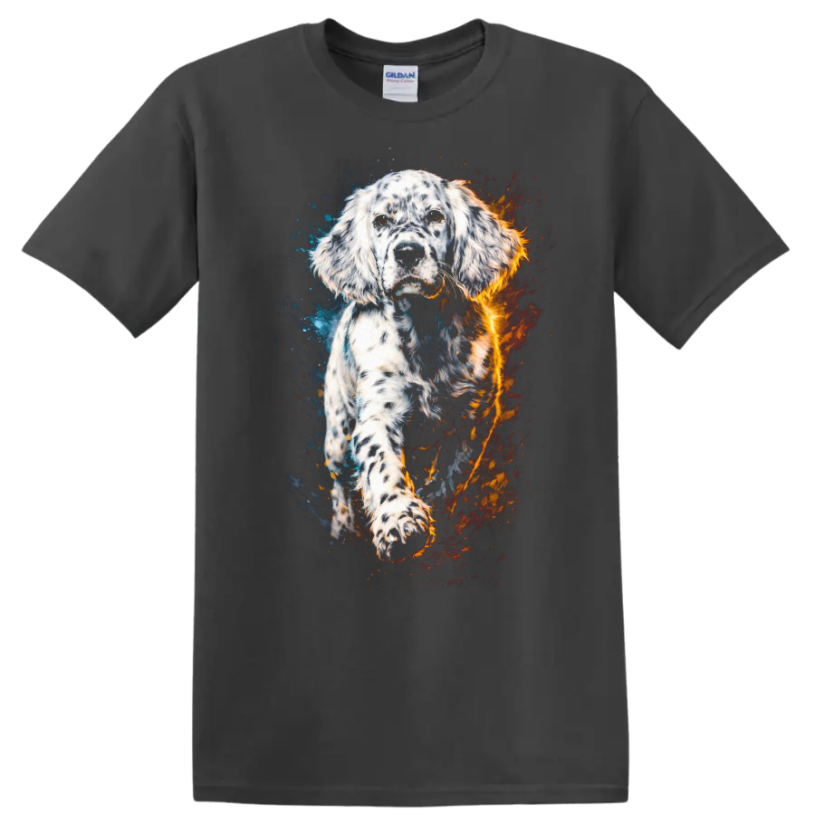 English Setter Watercolor Dog Portrait T Shirt Blue and Orange Splash - Charcoal