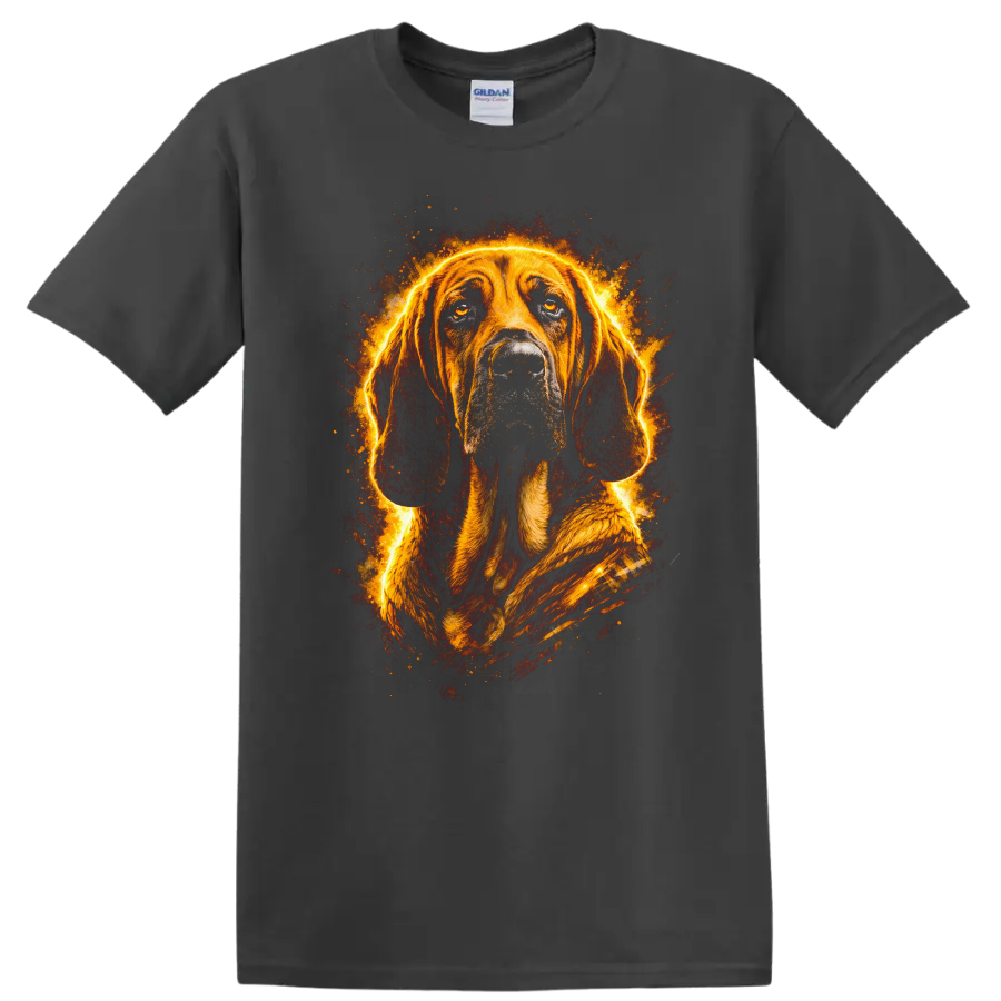 Basset Hound Glowing Fire Portrait T Shirt for Dog Lovers on a Charcoal T Shirt