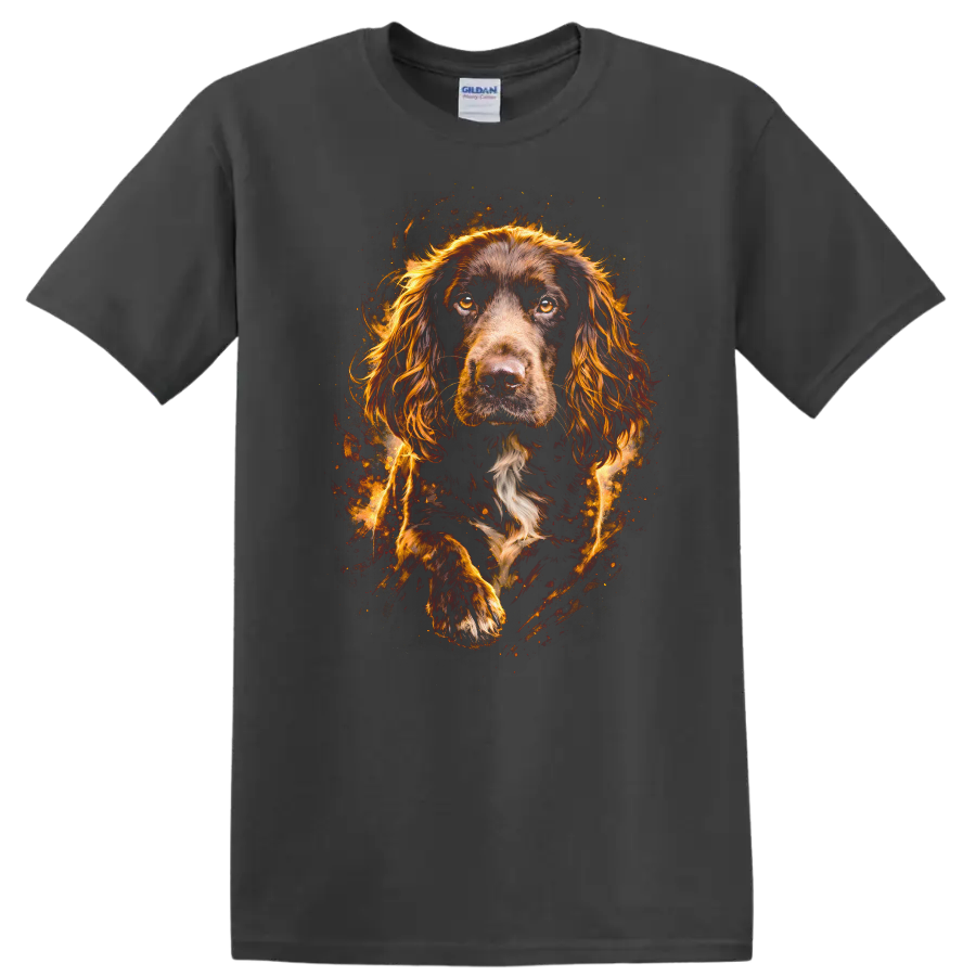 Flame Spaniel Portrait T Shirt for Dog Lovers with Fiery Artistic Style - Charcoal