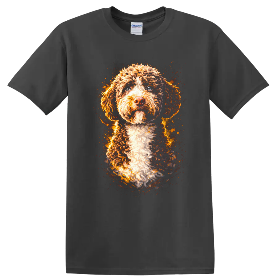Curly Cockapoo Dog Portrait T Shirt Colorful Artistic Pet Lover Tee on a Charcoal T Shirt