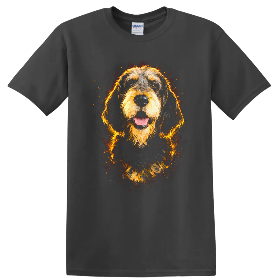 Golden Doodle Dog Portrait Fire Spark T Shirt on a Charcoal T Shirt