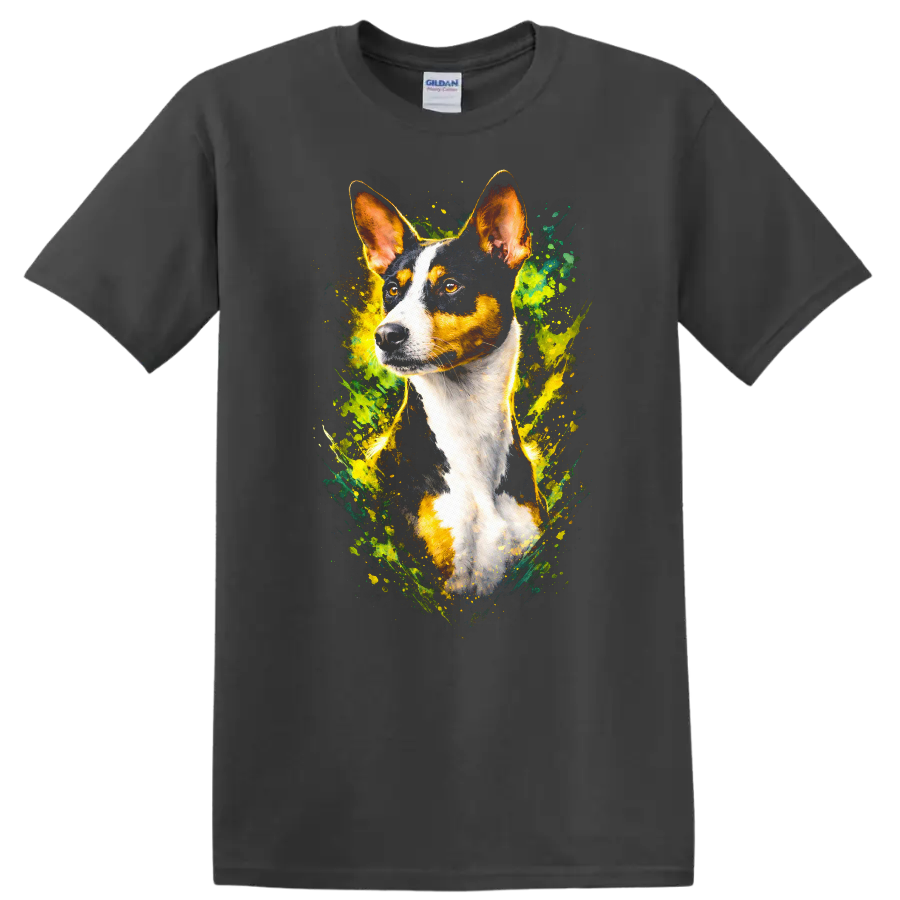 Colorful Basenji Dog Portrait Splash Art T Shirt for Dog Lovers on a Charcoal T Shirt