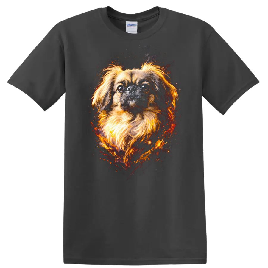 Fiery Pekingese Dog Portrait T Shirt Vibrant Watercolor Pet Lover on a Charcoal T Shirt