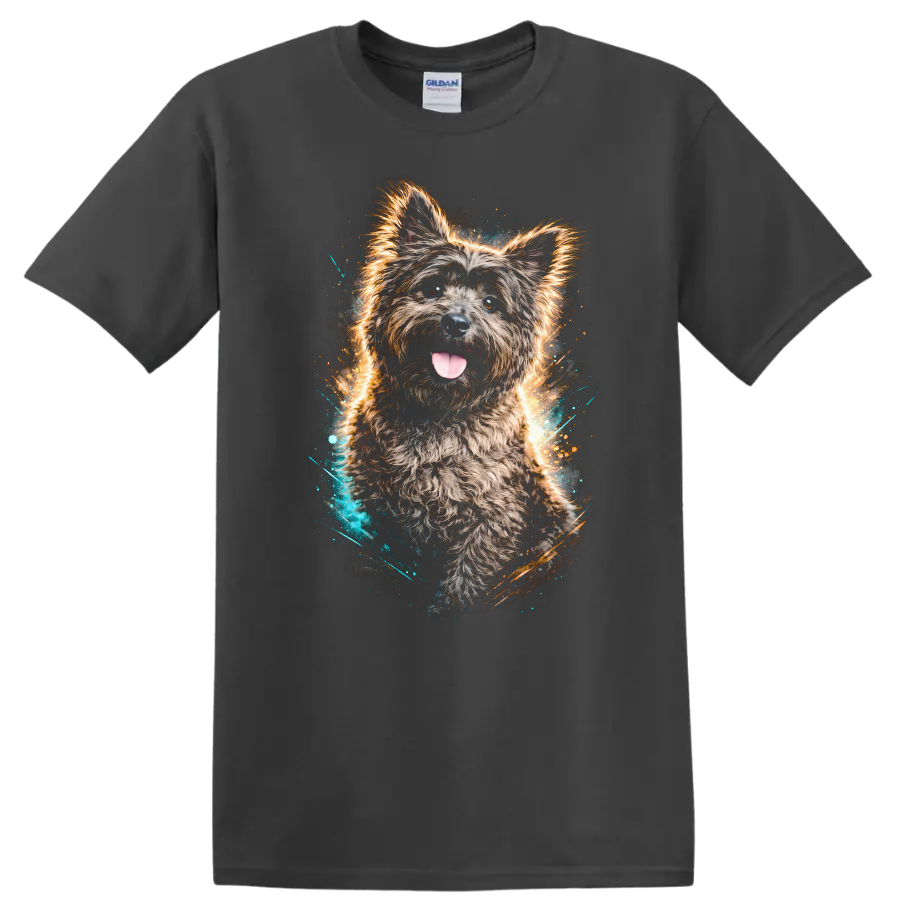 Fluffy Yorkie Dog Portrait Graphic T Shirt Colorful Neon Splash on a Charcoal T Shirt