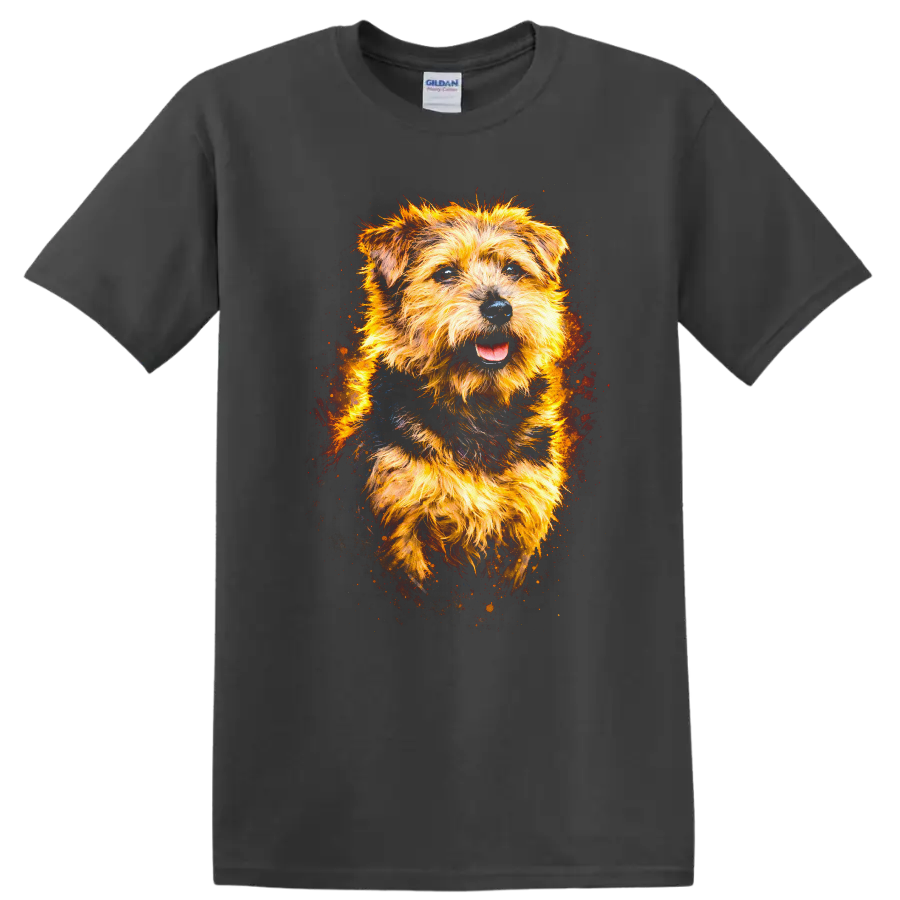 Glowing Terrier Dog Portrait T Shirt Vibrant Fire Art for Dog Lovers on a Charcoal T Shirt