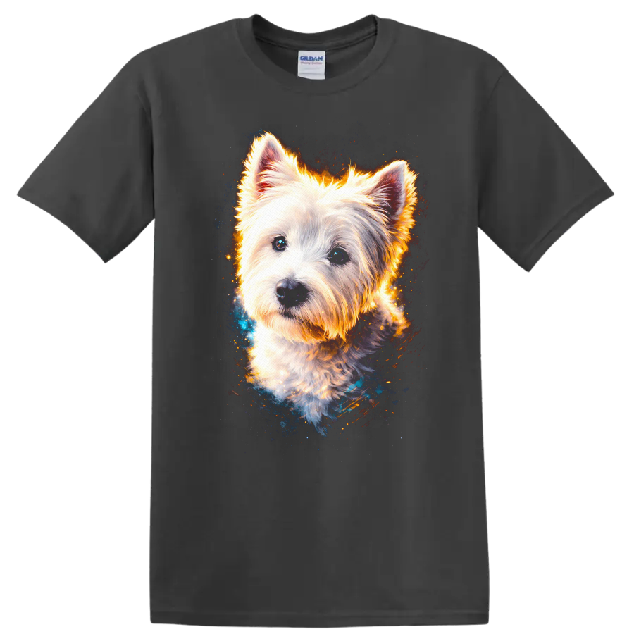 White West Highland Terrier Glow Portrait T Shirt for Dog Lovers on a Charcoal T Shirt