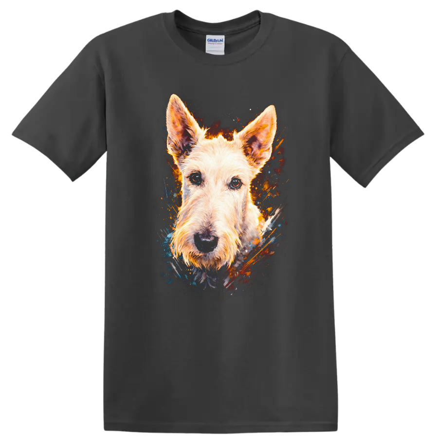 Colorful Terrier Dog Portrait Art T Shirt for Dog Lovers on a Charcoal T Shirt