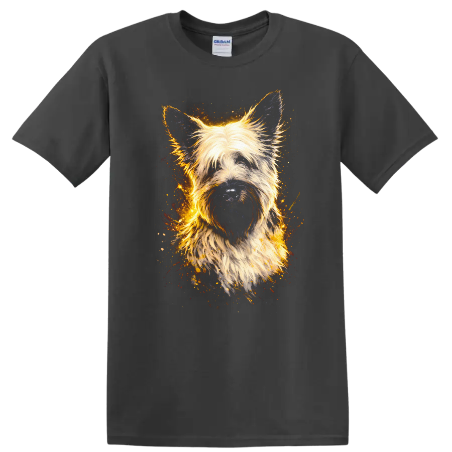 Fluffy Terrier Dog Portrait Artistic Fire Glow T Shirt on a Charcoal T Shirt
