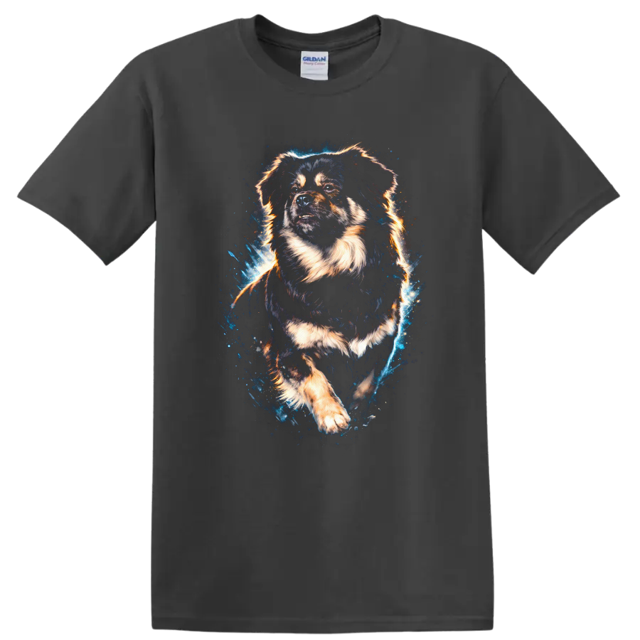 Fluffy Dog Art T Shirt, Vibrant Splash Portrait for Dog Lovers on a Charcoal T Shirt