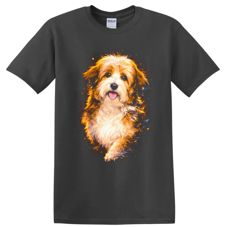 Fluffy Dog Portrait T Shirt Bright Colorful Pet Lover Graphic on a Charcoal T Shirt
