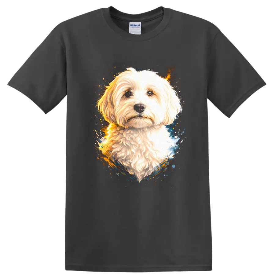 Fluffy White Dog Portrait Watercolor Splash T Shirt for Dog Lovers on a Charcoal T Shirt
