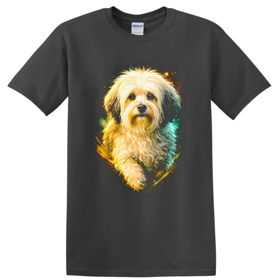 Fluffy Dog Portrait Art T Shirt for Dog Lovers Colorful Pet Graphic on a Charcoal T Shirt