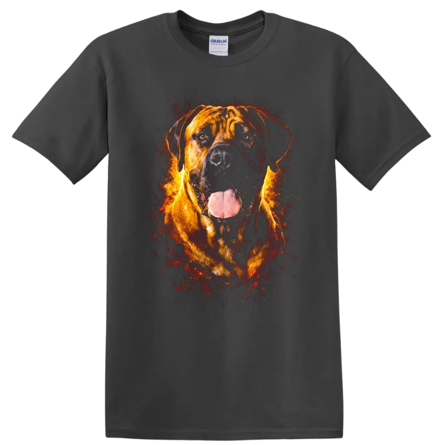 Fiery Mastiff Dog Portrait T Shirt for Dog Lovers on a Charcoal T Shirt