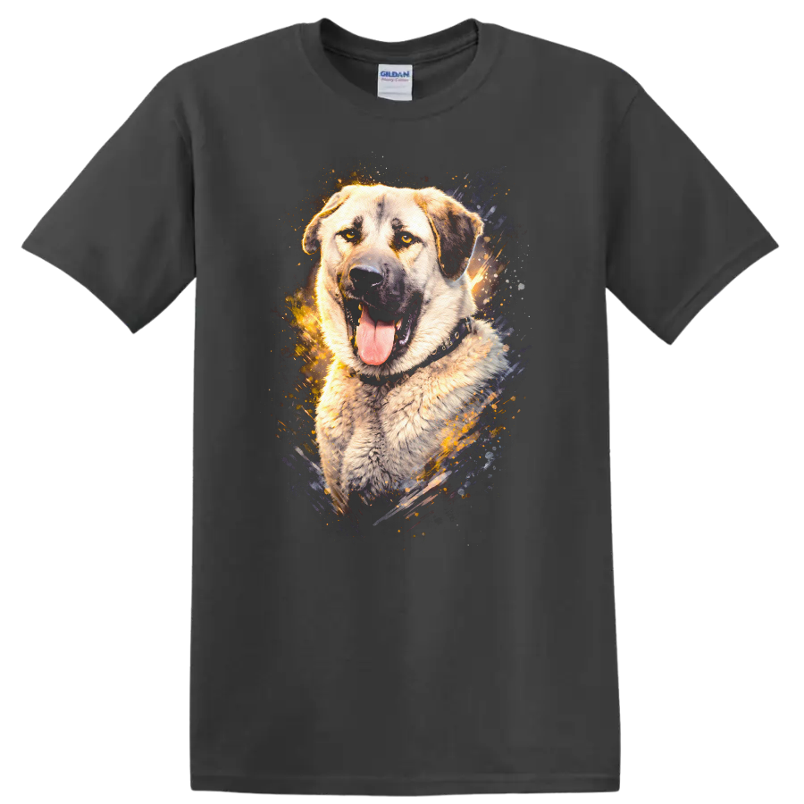 Loyal Dog Portrait Splash Art T Shirt for Breed Lovers on a Charcoal T Shirt