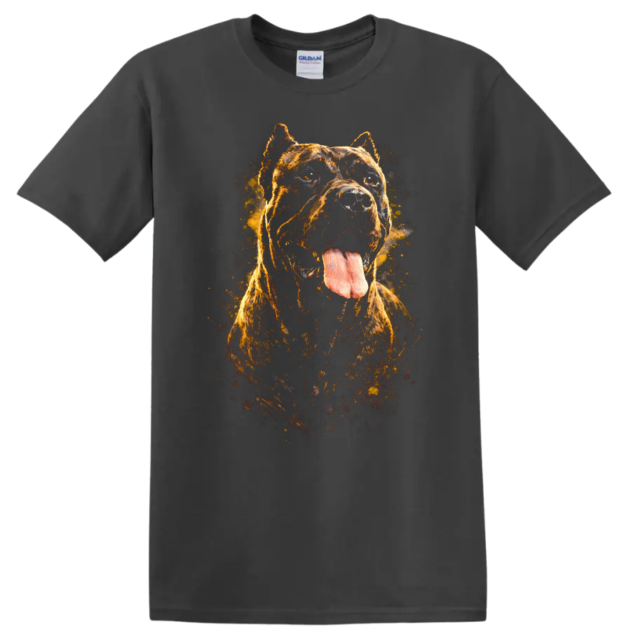 Cane Corso Dog Portrait T Shirt Fierce Brindle Splash Art on a Charcoal T Shirt