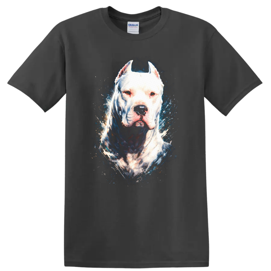Blue Eyed White Pitbull Dog Portrait T Shirt for Dog Lovers on a Charcoal T Shirt