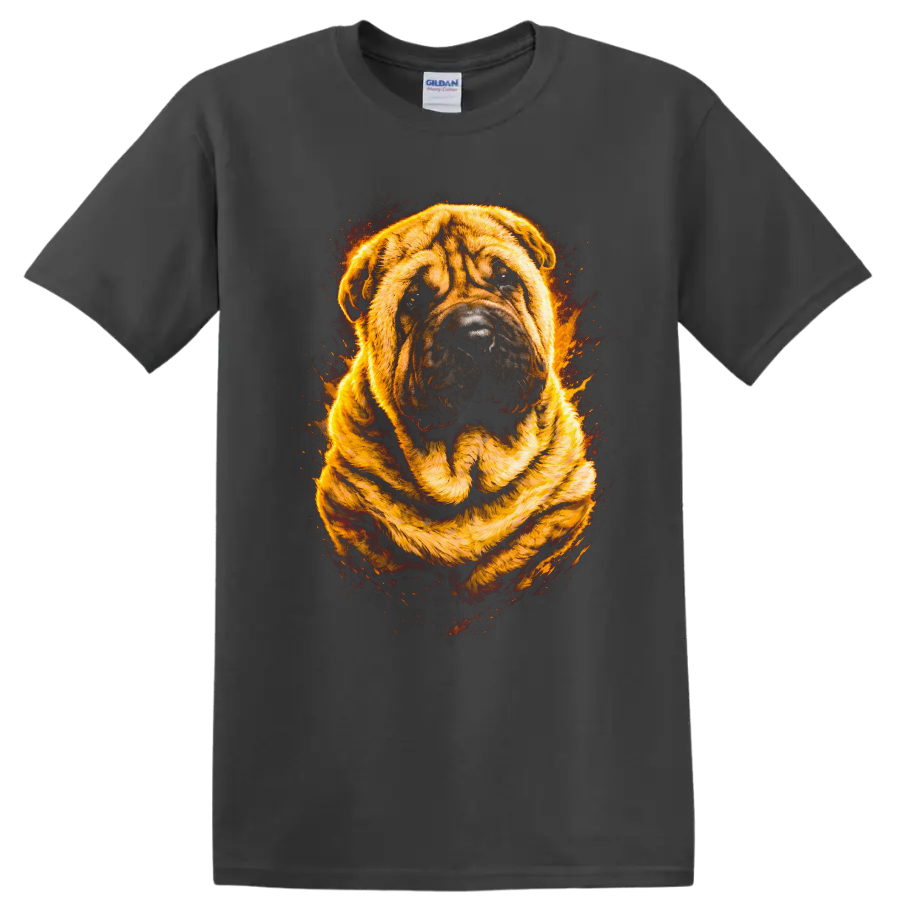 Flaming Bulldog Portrait T Shirt Fierce Dog Breed Art Graphic on a Charcoal T Shirt