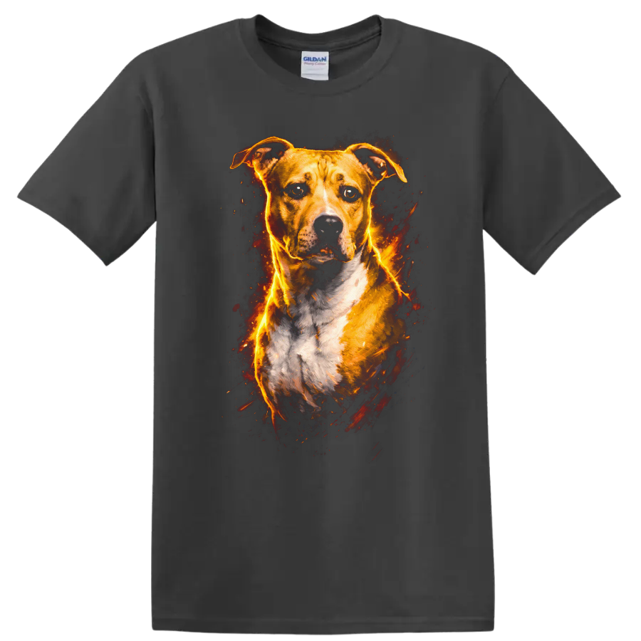 Fiery Pit Bull Dog Portrait Graphic T Shirt for Dog Lovers on a Charcoal T Shirt