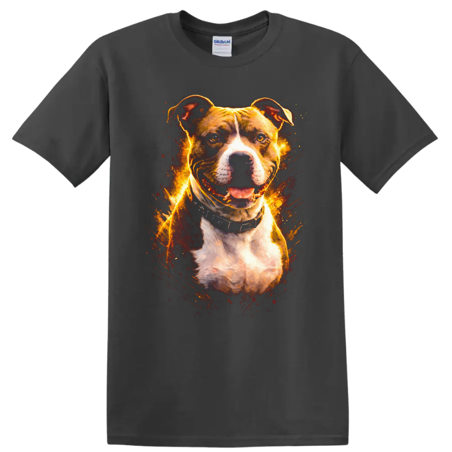 Pit Bull Dog Portrait Fire Glow T Shirt for Dog Lovers and Breed Fans on a Charcoal T Shirt