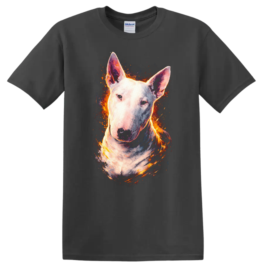 Bull Terrier Dog Portrait Splash Art T Shirt for Dog Lovers on a Charcoal T Shirt